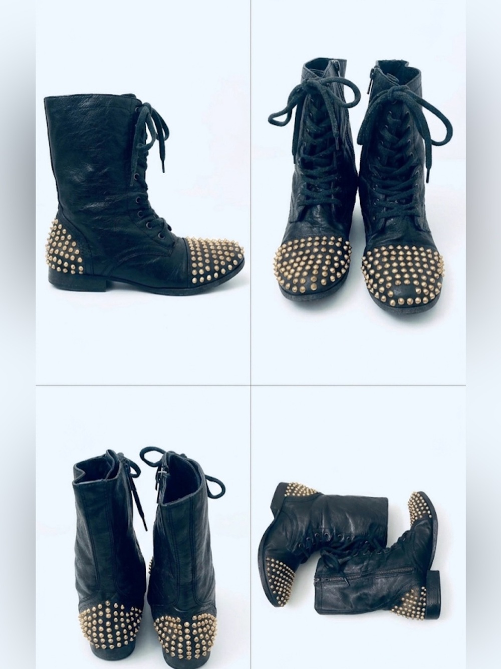 Black Leather Studded Lace-Up Combat Boots - Women's